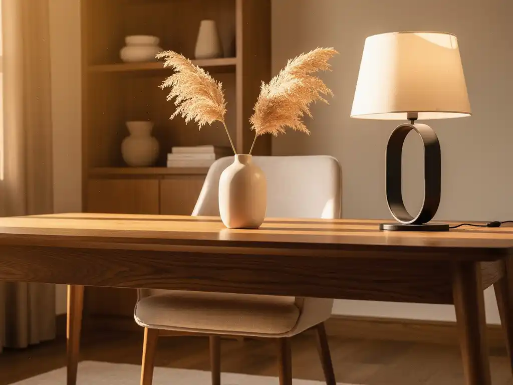Eiken bureau met linnen stoel, keramische vaas met pampasgras en sculptuurlamp in zonnig thuiskantoor met ivoren muren.