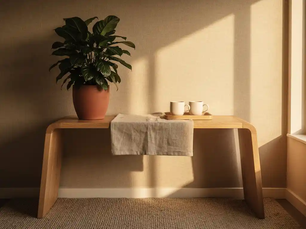 Eiken consoletafel met potplant en twee keramische mokken op een dienblad, in een warm verlichte Nederlandse receptiehoek met linnen wand.