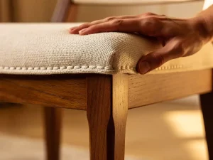 Ambachtelijke hand die dikke schuimvulling test van handgestikt gestoffeerde eetkamerstoel met massief eiken poot in cognacbruin.