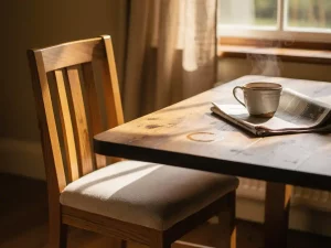 Massief eiken eetkamerstoel met linnen bekleding aan rustieke houten tafel, ochtendlicht, koffie en krant op de achtergrond.
