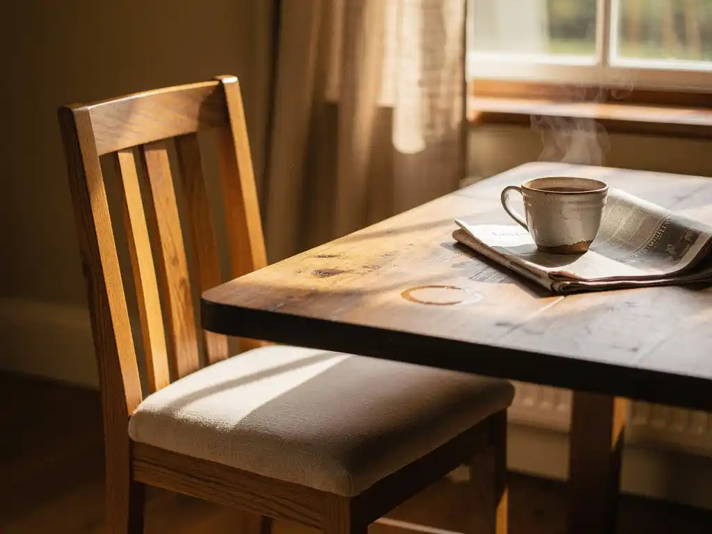 Massief eiken eetkamerstoel met linnen bekleding aan rustieke houten tafel, ochtendlicht, koffie en krant op de achtergrond.
