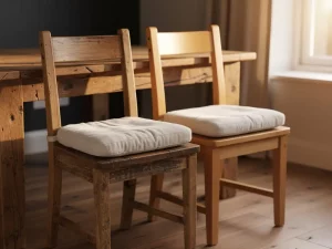 Verouderde en nieuwe eiken eetkamerstoel naast elkaar aan rustieke houten tafel, warm middaglicht, zichtbare houtnerf en linnen kussen.