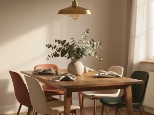 Eiken eettafel met linnen servetten, keramisch servies en mismatched stoelen in aardse tinten, verlicht door een hanglamp en natuurlijk raamlicht.