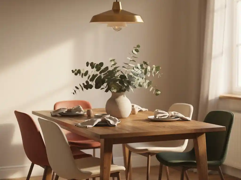 Eiken eettafel met linnen servetten, keramisch servies en mismatched stoelen in aardse tinten, verlicht door een hanglamp en natuurlijk raamlicht.