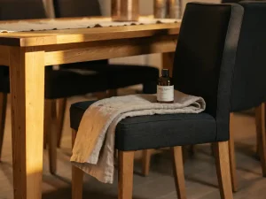 Elegante gestoffeerde eetkamerstoelen rond een eiken tafel met linnendoek en natuurlijke houtconditioner, warm gouden zijlicht.