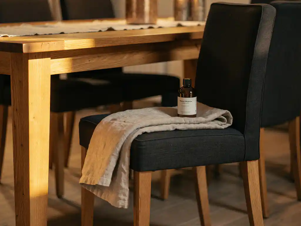 Elegante gestoffeerde eetkamerstoelen rond een eiken tafel met linnendoek en natuurlijke houtconditioner, warm gouden zijlicht.