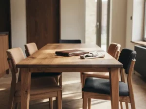 Elegante eetkamerstoelen in taupe en antraciet rond een eiken tafel met lederen portfolio en linnen servet, zacht natuurlijk licht.