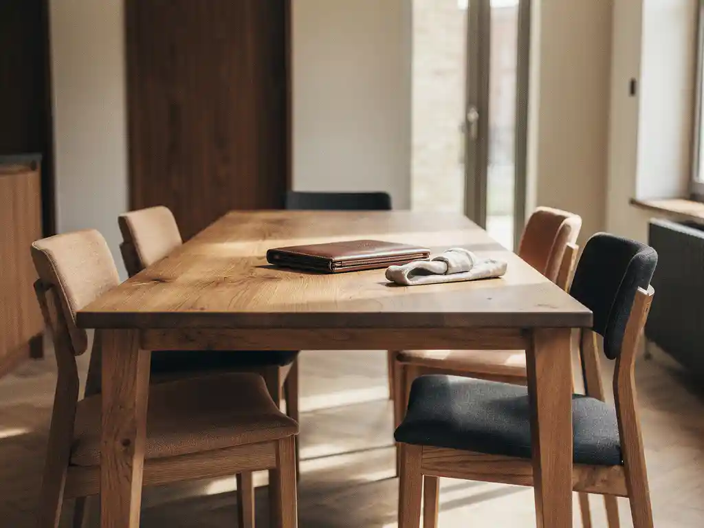 Elegante eetkamerstoelen in taupe en antraciet rond een eiken tafel met lederen portfolio en linnen servet, zacht natuurlijk licht.