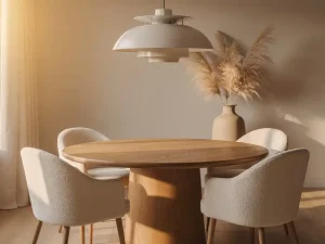 Ronde eiken eettafel met gebogen bouclé stoelen in ivoor, terracotta accenten en pampagras in keramische vaas onder warme hanglamp.