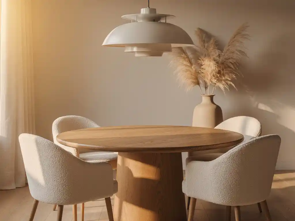 Ronde eiken eettafel met gebogen bouclé stoelen in ivoor, terracotta accenten en pampagras in keramische vaas onder warme hanglamp.