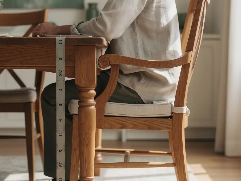 Persoon aan een eiken eettafel met meetlint langs stoelpoot om zithoogte te meten, linnen kussen en warm middaglicht.