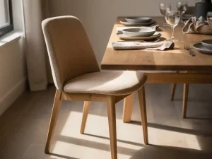Elegante eetkamerstoel met naturel eiken poten en linnen bekleding aan een houten tafel, zacht middaglicht.
