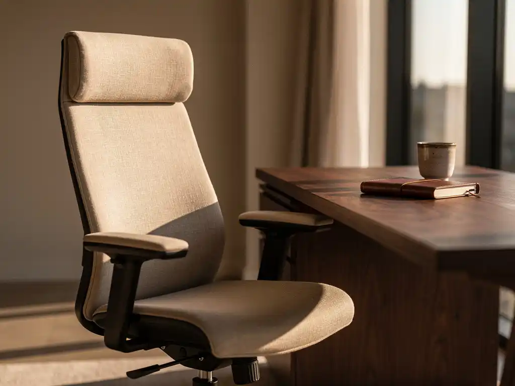 Ergonomische bureaustoel in linnen bekleding bij een eiken bureau, zacht middaglicht en een keramische kop en leren notitieboekje op het werkblad.