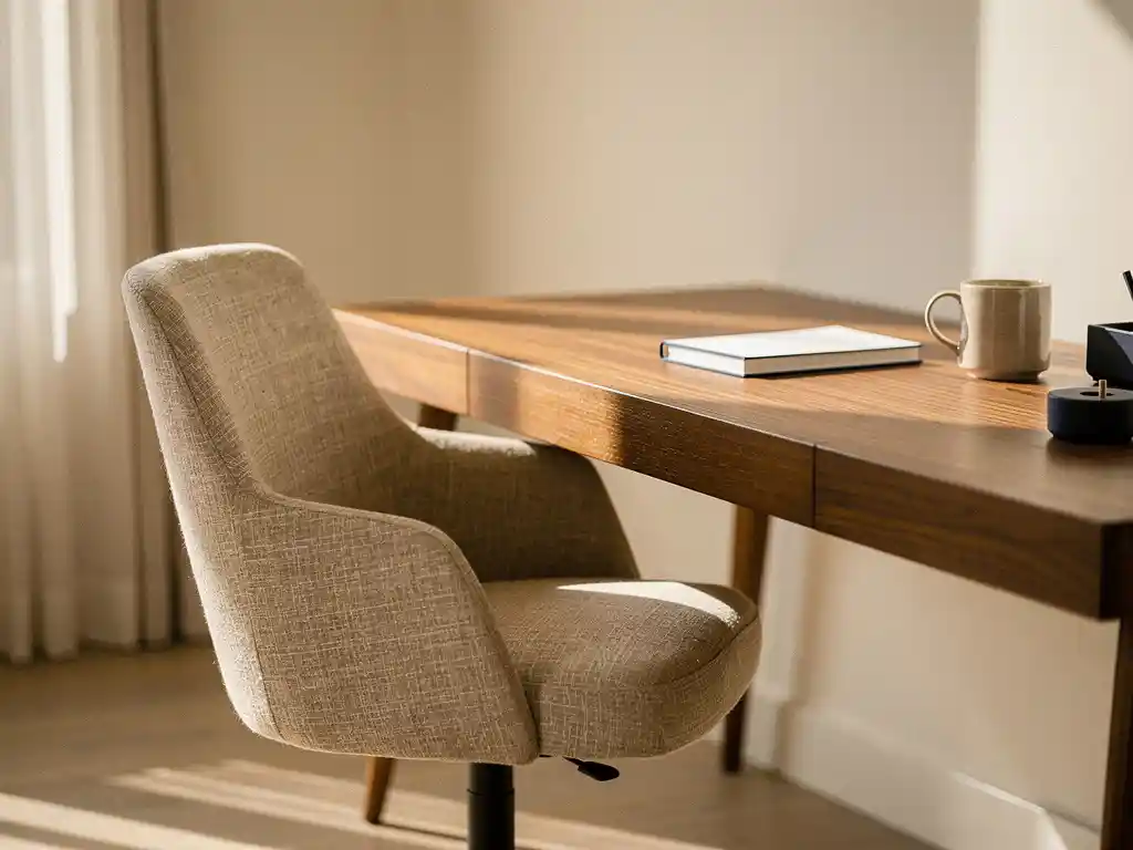 Ergonomische fauteuil in linnen stof aan een eikenhouten bureau, met zacht middaglicht, notitieboek en keramische mok.