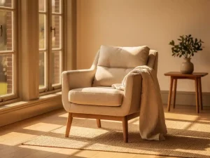 Ergonomische fauteuil met linnen bekleding en eiken poten in Nederlandse woonkamer, zacht licht en throw over de armleuning.