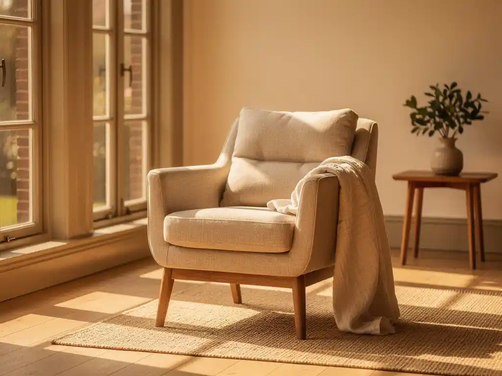 Ergonomische fauteuil met linnen bekleding en eiken poten in Nederlandse woonkamer, zacht licht en throw over de armleuning.