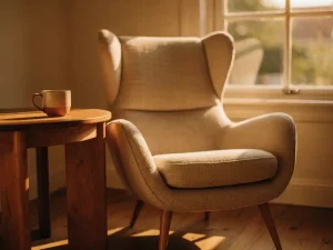 Ergonomische fauteuil in linnen stof naast eiken bijzettafel met keramische kop, warm middaglicht in Hollands interieur.