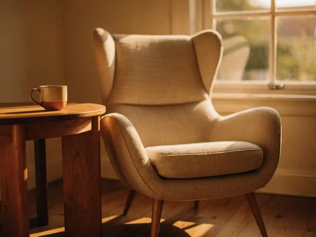 Ergonomische fauteuil in linnen stof naast eiken bijzettafel met keramische kop, warm middaglicht in Hollands interieur.