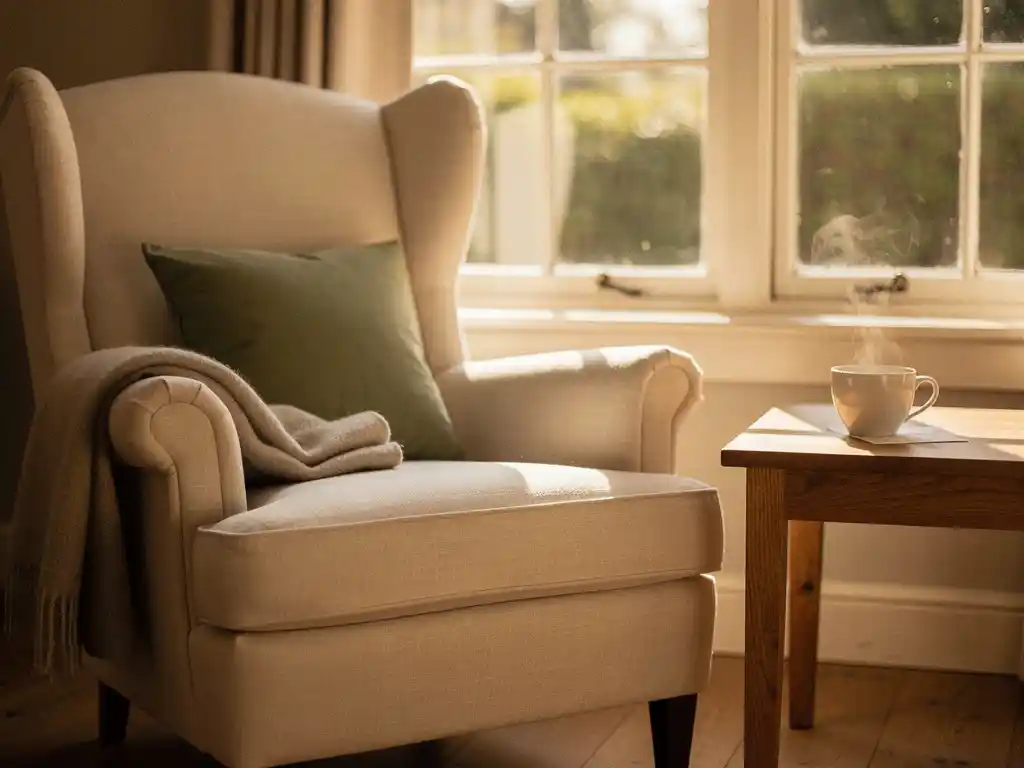 Hoge fauteuil met linnen bekleding naast zonsverlichting raam, bijzettafel met dampende thee, knus Nederlands interieur in crème en eikenhout.
