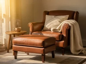 Cognackleurige leren fauteuil met hocker, wollen plaid over de armleuning en dampende kop op bijzettafel in warm verlichte woonkamer.