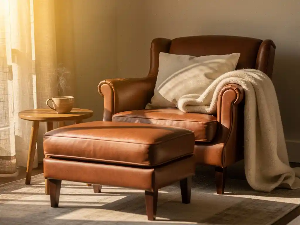 Cognackleurige leren fauteuil met hocker, wollen plaid over de armleuning en dampende kop op bijzettafel in warm verlichte woonkamer.