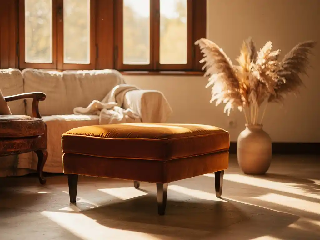 Cognac velvet ottoman in Dutch woonkamer met pampasgras, terracotta tinten, walnoot accenten en zacht middaglicht.