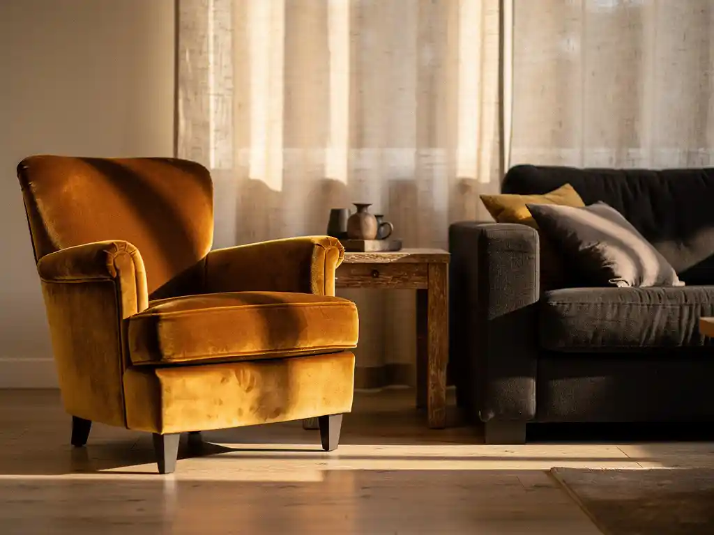 Caramel fluwelen fauteuil naast een houtskoolgrijs sofa in een Nederlandse woonkamer, met zacht natuurlijk licht door linnen gordijnen.