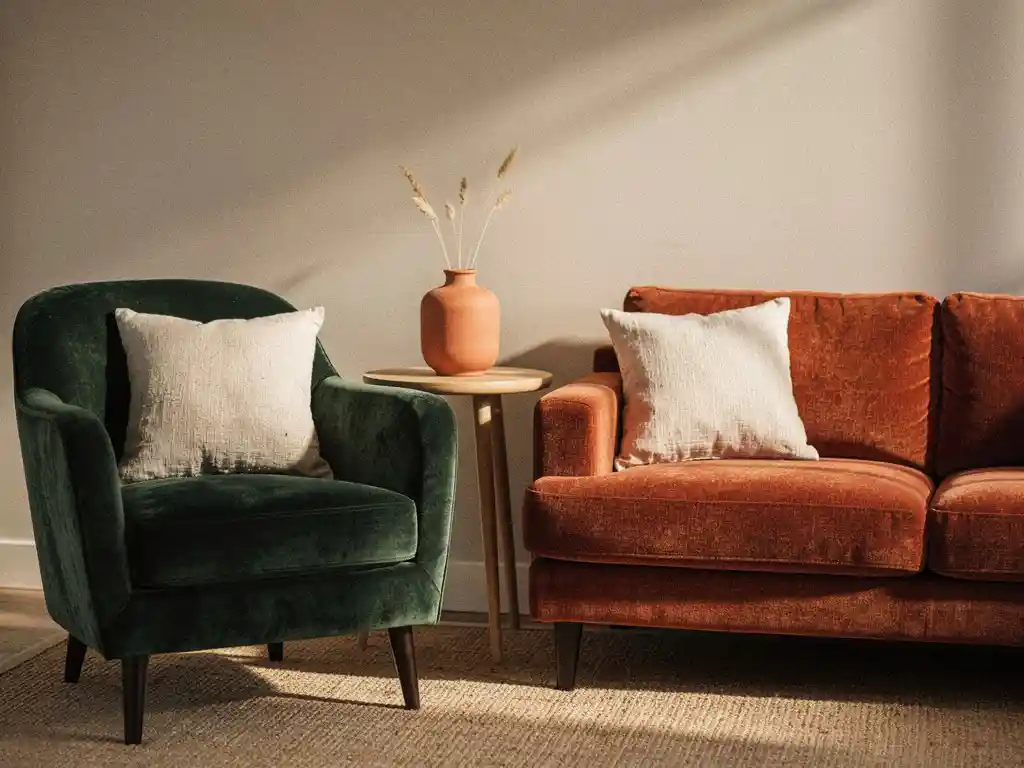 Fluwelen fauteuil en loveseat in terracotta en bosgroen, met keramische vaas op bijzettafel in gezellige woonkamerhoek.