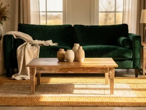 Donkergroene fluwelen bank als middelpunt van een warme woonkamer met keramieken vazen, geweven vloerkleed en eikenhouten salontafel.