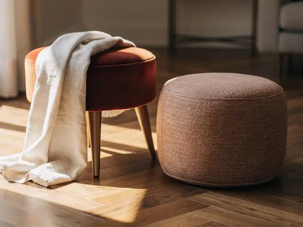 Fluwelen hocker met getaperde houten poten naast een ronde poef op eiken visgraatparket, warm terracotta en crème interieur.