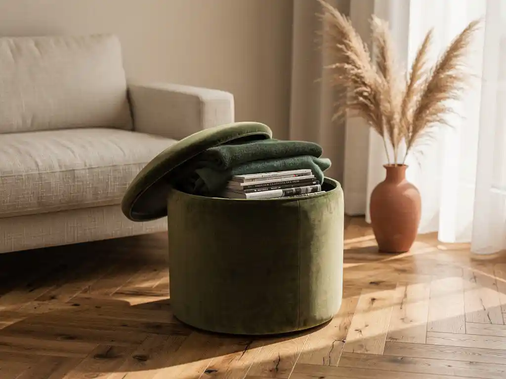 Fluwelen opbergpoef in terracotta met open deksel, gevuld met gevouwen dekens en tijdschriften, op eiken visgraatparket naast linnen bank.