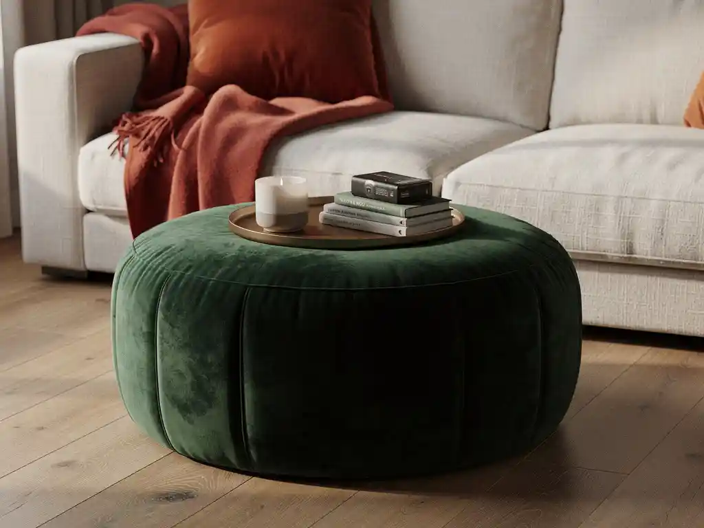 Ronde fluwelen poef als salontafel met dienblad, keramische kaars en boekjes, naast linnen bank met wollen plaid in terracotta en bosgroen.