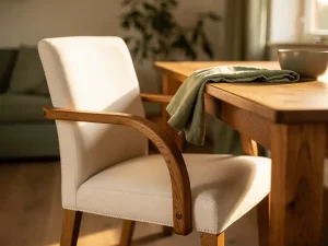 Gestoffeerde eetkamerstoel met houten armleuningen aan een eiken tafel, linnen servet en keramische kom, warm Nederlands interieur.