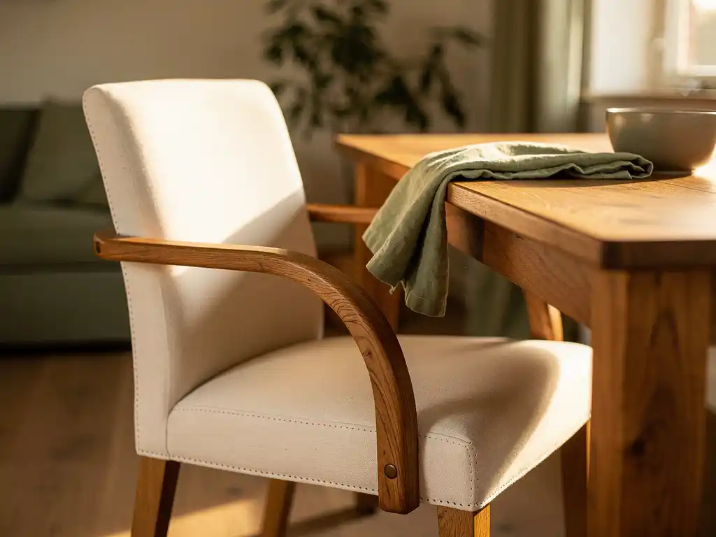 Gestoffeerde eetkamerstoel met houten armleuningen aan een eiken tafel, linnen servet en keramische kom, warm Nederlands interieur.