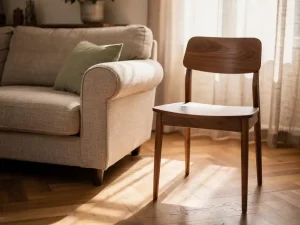 Pluche fauteuil met brede armleuningen naast een houten eetkamerstoel op een eiken visgraatparket, warm middaglicht door linnen gordijnen.
