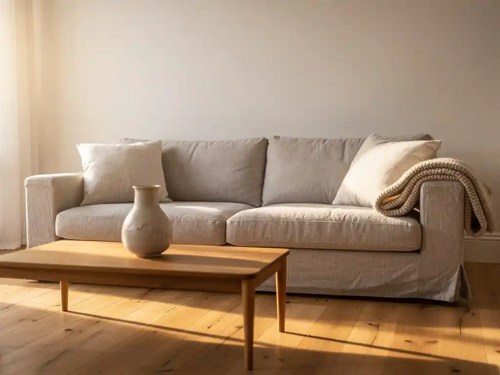 Grijsbeige linnen bank in zonnige woonkamer met eiken vloer, keramische vaas en wollen plaid in warme zandtinten.