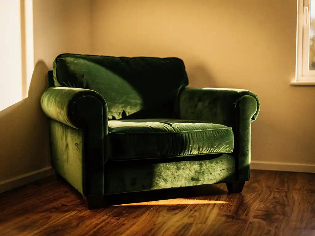 Overmaatse fauteuil in donkergroen fluweel in kleine woonkamer met crèmekleurige muren en walnoothouten vloer.