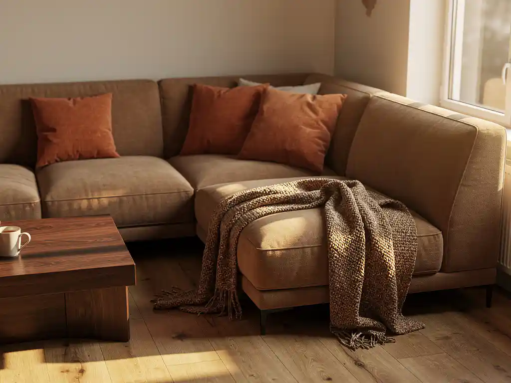 Hoekbank in warme taupe stof met bijpassende tweezitsbank op eiken vloer, versierd met terracotta kussens en wollen plaid in gouden middaglicht.