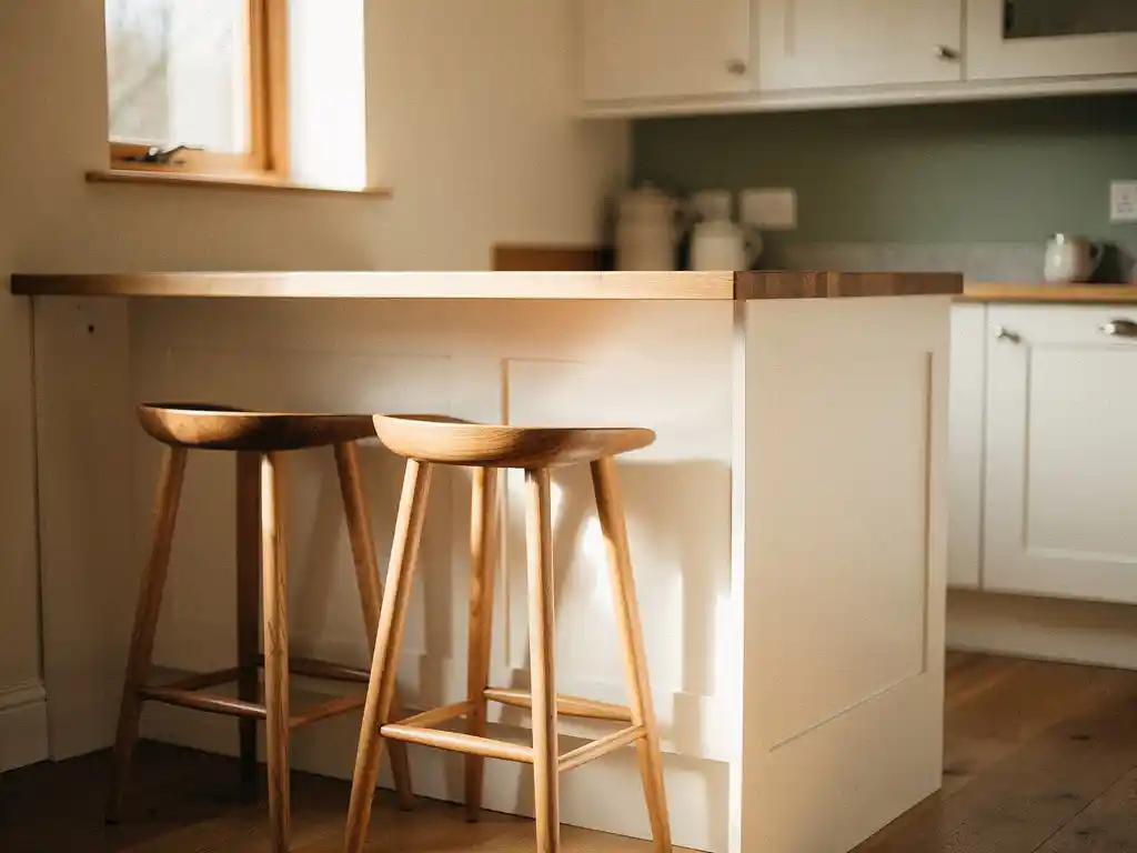 Houten barkrukken onder compact keukeneiland met witte shaker-kasten, warm eiken blad en zacht ochtendlicht door klein raam.