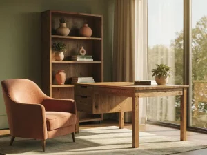 Hoekige thuiskantoor met eiken bureau, linnen fauteuil en houten boekenkast in warme terracotta- en saliegroen tinten, badend in middagzonlicht.