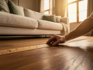 Houten meetlint uitgerold op eiken vloer naast een linnen bank, hand meet afstand in woonkamer met warm middaglicht.