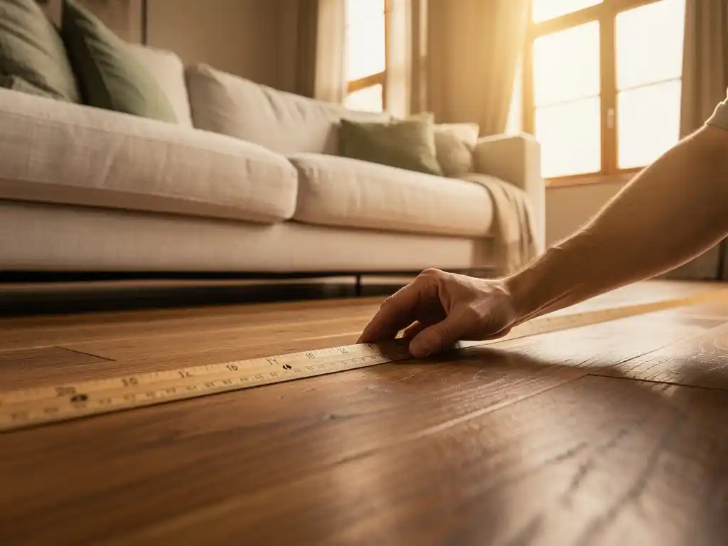 Houten meetlint uitgerold op eiken vloer naast een linnen bank, hand meet afstand in woonkamer met warm middaglicht.