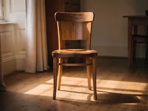 Houten stoel met natuurlijke houtnerf op eiken vloer, zacht middaglicht werpt zachte schaduw in warm Nederlands interieur.