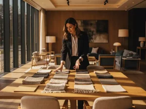 Interieurontwerper presenteert stofstalen en materiaalkeuzes op een eiken tafel in een stijlvolle showroom met warm natuurlijk licht.