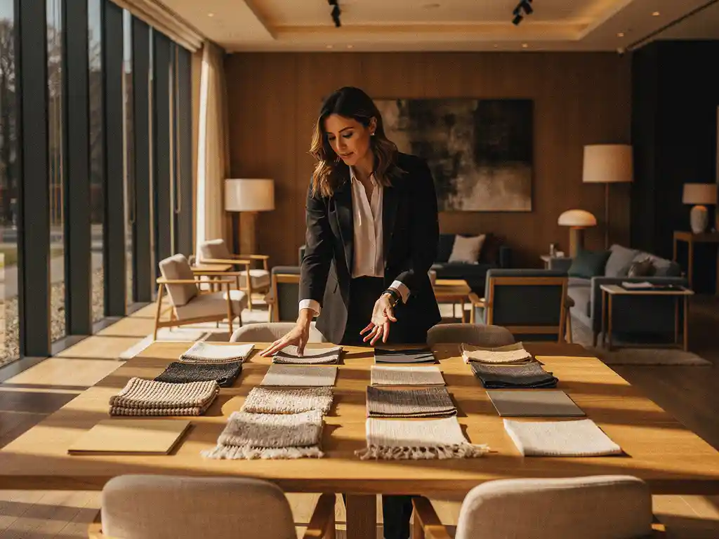 Interieurontwerper presenteert stofstalen en materiaalkeuzes op een eiken tafel in een stijlvolle showroom met warm natuurlijk licht.