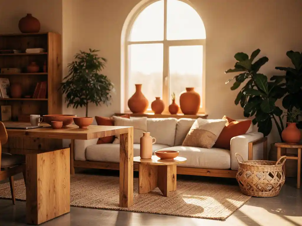 Licht kantoorinterieur met eikenhouten meubels, linnen banken en keramische accessoires in terracotta, crème en bosgroen tinten.