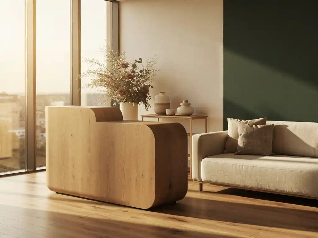 Moderne open kantoorontvangstruimte met eiken bureau, linnen bank en keramische accessoires in warme ivoorwitte en saliegroen tinten, overgoten met middagzon.