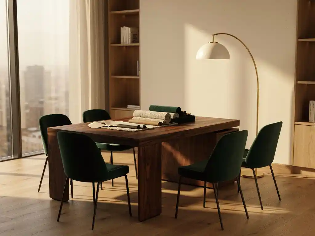 Zonnig open kantoorinterieur met walnoten bureau, groene fauteuils en stoffentalen in warm middaglicht.