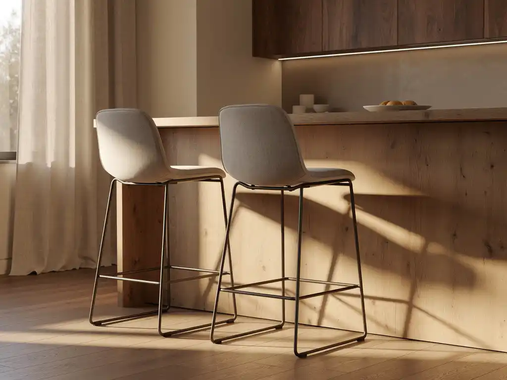 Twee elegante barkrukken aan een naturel eiken keukeneiland in Scandinavisch interieur met linnen texturen en warm middaglicht.