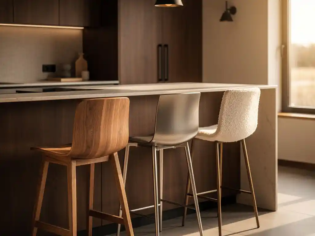 Barkrukken in eiken hout, geborsteld metaal en bouclé stof langs een keukeneiland in een stijlvol Nederlands interieur.